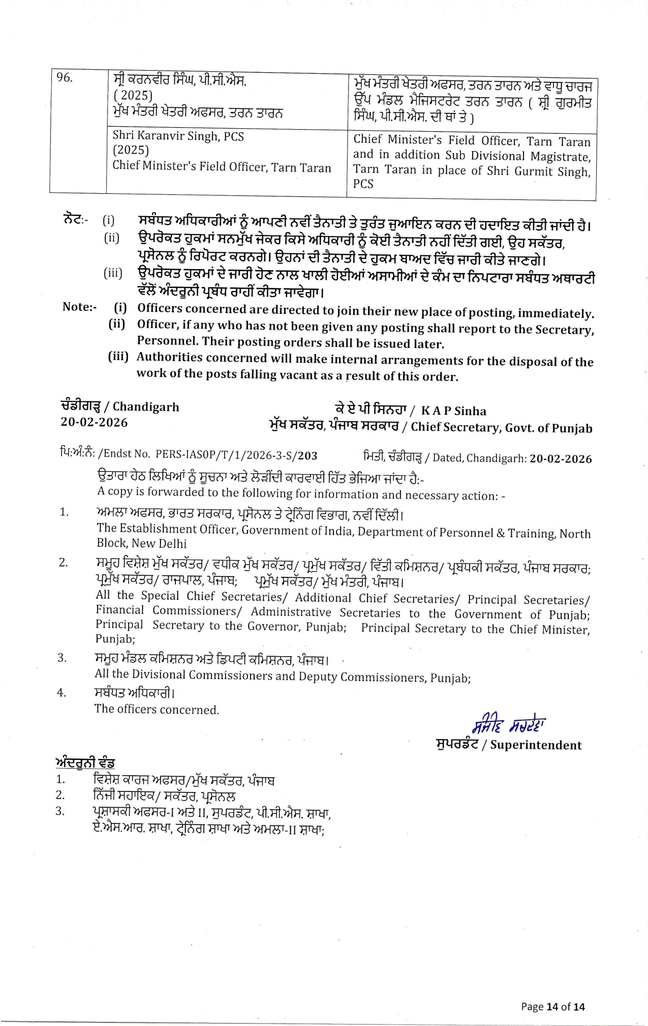 Punjab Officers Transfer : पंजाब में बड़ा प्रशासनिक फेरबदल, 96 IAS और PCS अधिकारियों के तबादले, पढ़ें पूरी लिस्ट 14 16 19 424241593order%20dt.%2020.02.2026 page 0014 ll 16 19 424241593order%20dt.%2020.02.2026 page 0014 ll Punjab Officers Transfer