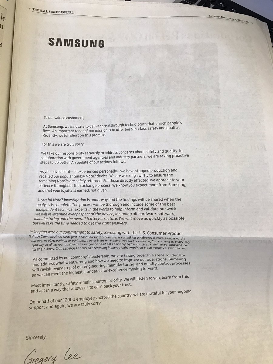 samsung runs full page apology ads over galaxy note 7 recall