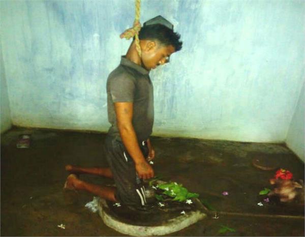 in the temple  the person worshiped first  then hanged on top of shivling