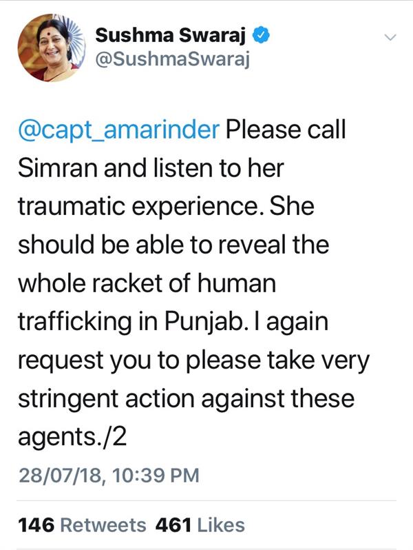 human smuggling  sushma swaraj  tweet