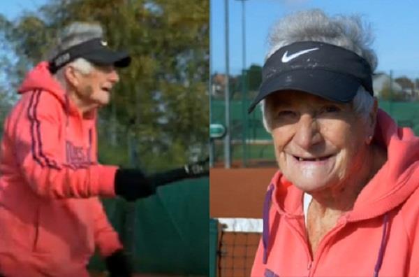 pat stephenson celebrates 90th birthday by playing on tennis court