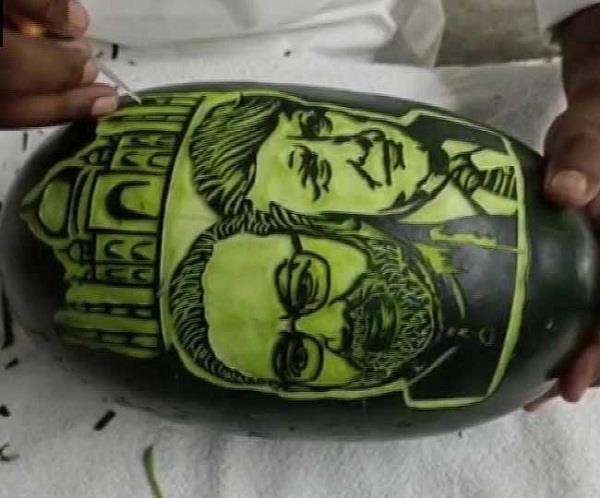 tamilnadu artist carves images of modi trump watermelon