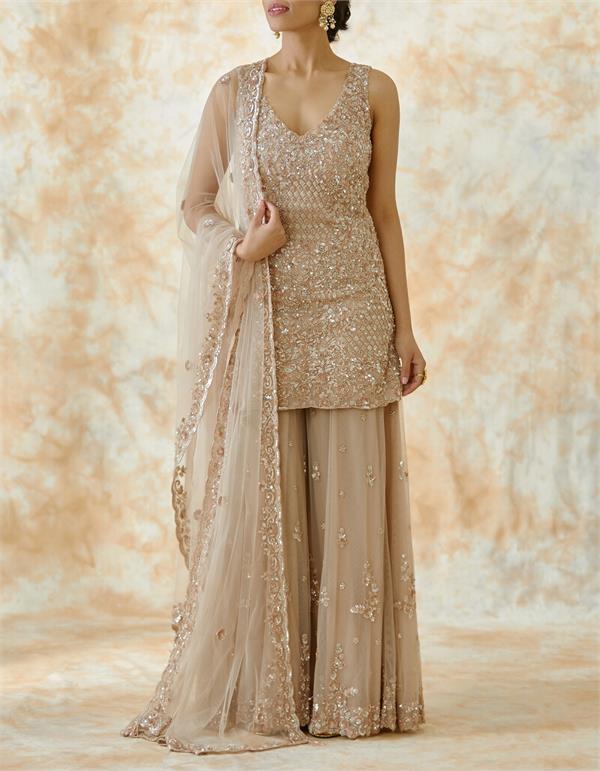 golden work sharara suit  women  royal look