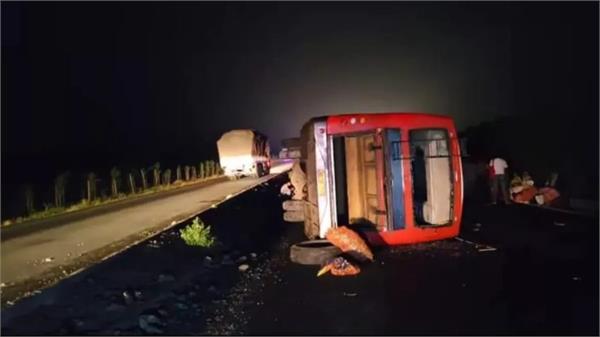 road accident  bus full of passengers overturns