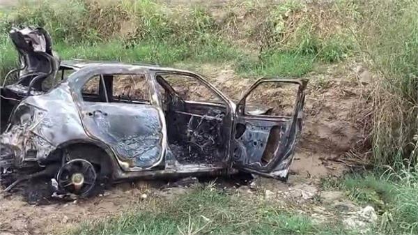 cng car catches fire after high tension wire falls