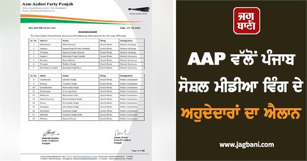 aap announces office bearers of punjab social media wing