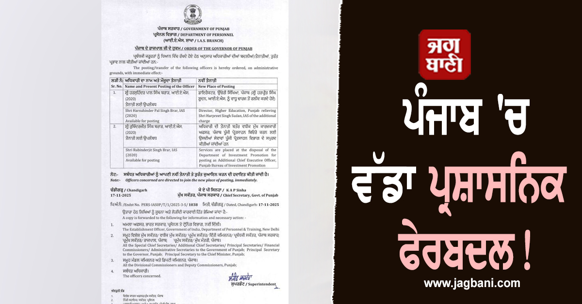 ਪੰਜਾਬ 'ਚ ਵੱਡਾ ਪ੍ਰਸ਼ਾਸਨਿਕ ਫੇਰਬਦਲ! 2 IAS ਅਫ਼ਸਰਾਂ ਨੂੰ ਮਿਲੀ ਨਵੀਂ ਜ਼ਿੰਮੇਵਾਰੀ