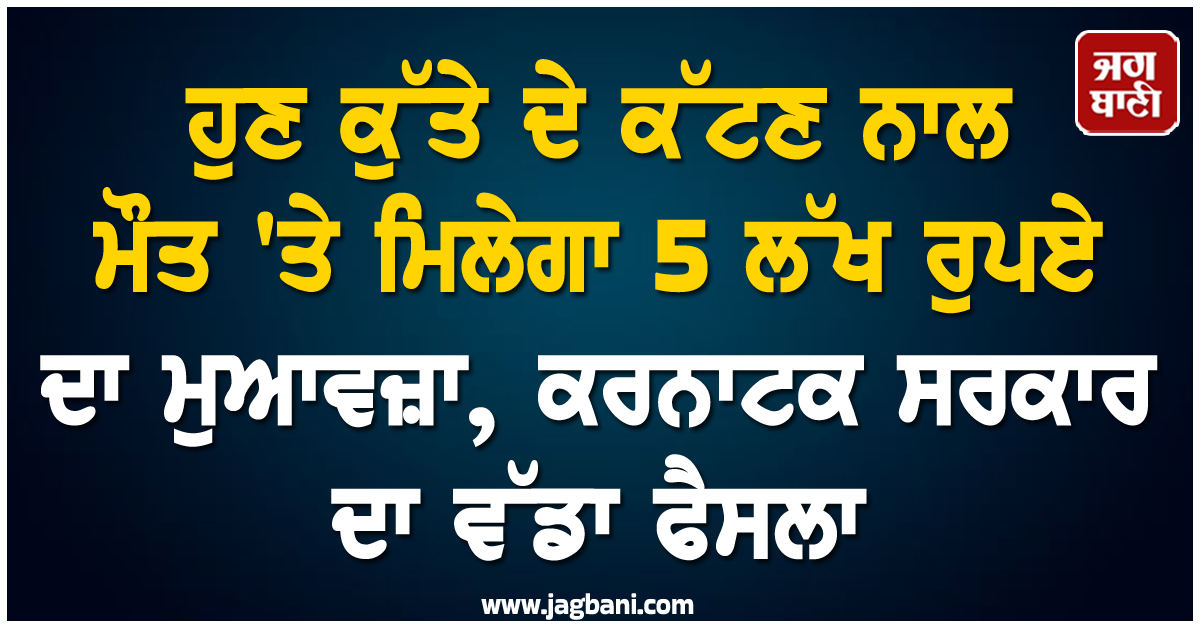 ਹੁਣ ਕੁੱਤੇ ਦੇ ਕੱਟਣ ਨਾਲ ਮੌਤ ''ਤੇ ਮਿਲੇਗਾ 5 ਲੱਖ ਰੁਪਏ ਦਾ ਮੁਆਵਜ਼ਾ, ਕਰਨਾਟਕ ਸਰਕਾਰ ਦਾ ਵੱਡਾ ਫੈਸਲਾ