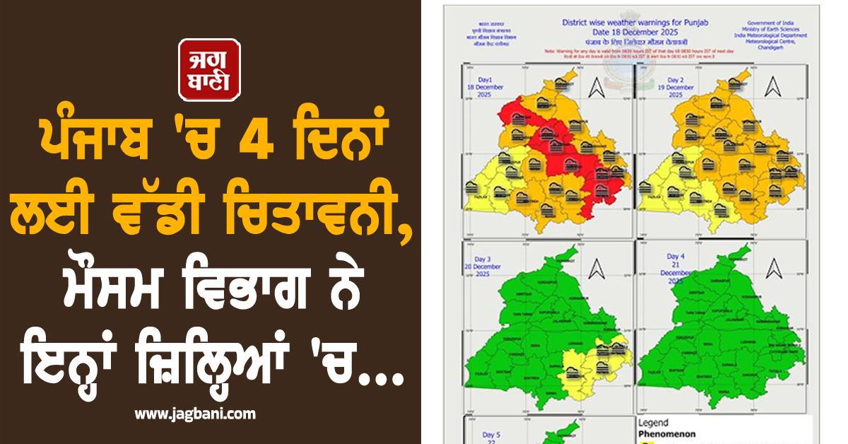 ਪੰਜਾਬ 'ਚ 4 ਦਿਨਾਂ ਲਈ ਵੱਡੀ ਚਿਤਾਵਨੀ, ਮੌਸਮ ਵਿਭਾਗ ਨੇ ਇਨ੍ਹਾਂ ਜ਼ਿਲ੍ਹਿਆਂ 'ਚ...