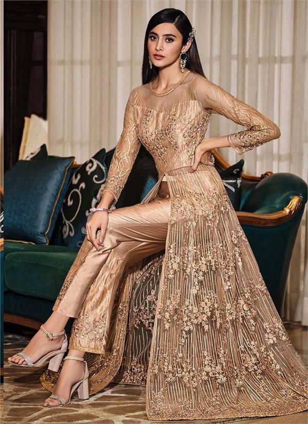 golden beige color becomes women  s favorite in party wear