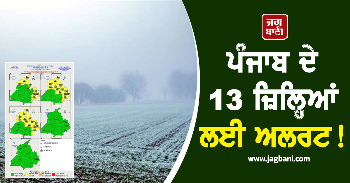 ਪੰਜਾਬ ਦੇ 13 ਜ਼ਿਲ੍ਹਿਆਂ ਲਈ Alert! ਮੌਸਮ ਵਿਭਾਗ ਵੱਲੋਂ 16 ਦਸੰਬਰ ਤੱਕ ਦੀ ਵੱਡੀ ਭਵਿੱਖਬਾਣੀ, ਪੜ੍ਹੋ ਤਾਜ਼ਾ ਅਪਡੇਟ