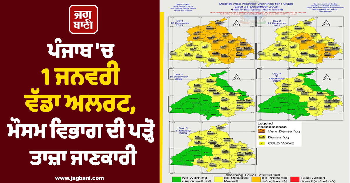 ਪੰਜਾਬ 'ਚ 1 ਜਨਵਰੀ ਵੱਡਾ ਅਲਰਟ, ਮੌਸਮ ਵਿਭਾਗ ਦੀ ਪੜ੍ਹੋ ਤਾਜ਼ਾ ਜਾਣਕਾਰੀ