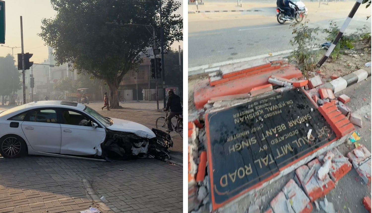 ਉਦਘਾਟਨੀ ਪੱਥਰ ਨਾਲ ਜਾ ਟਕਰਾਈ ਮਰਸਿਡੀਜ਼! Airbags ਨੇ ਬਚਾਈ ਜਾਨ