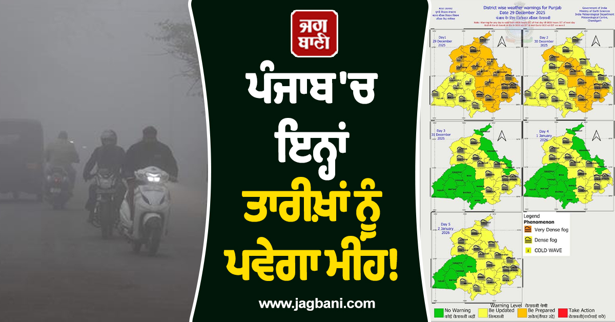 ਪੰਜਾਬ ''ਚ ਇਨ੍ਹਾਂ ਤਾਰੀਖ਼ਾਂ ਨੂੰ ਪਵੇਗਾ ਮੀਂਹ! Alert ਜਾਰੀ, ਮੌਸਮ ਵਿਭਾਗ ਨੇ ਕੀਤੀ 2 ਜਨਵਰੀ ਤੱਕ ਵੱਡੀ ਭਵਿੱਖਬਾਣੀ