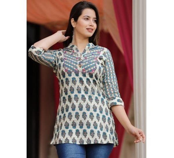 young woman short kurti set summer market
