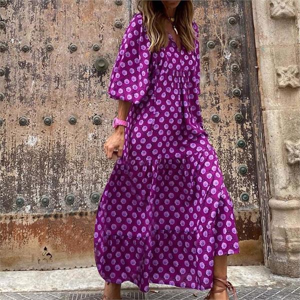 young woman stylish look printed frock