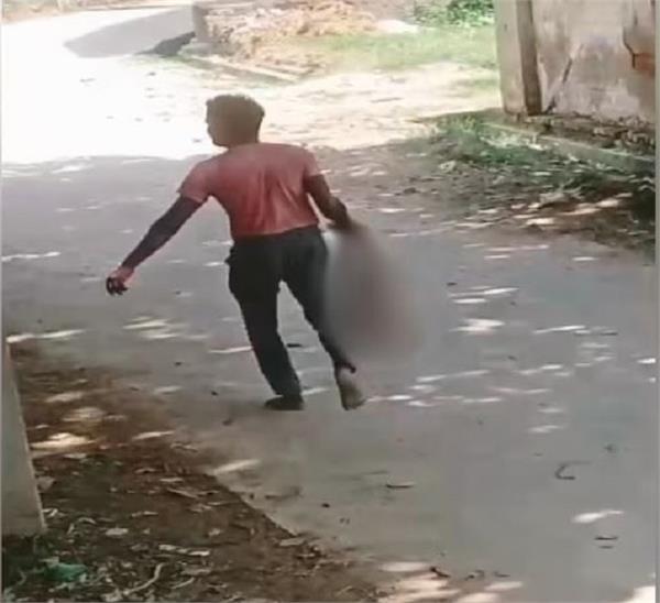 the father took his 8 month old son around the village with his tail hanging 