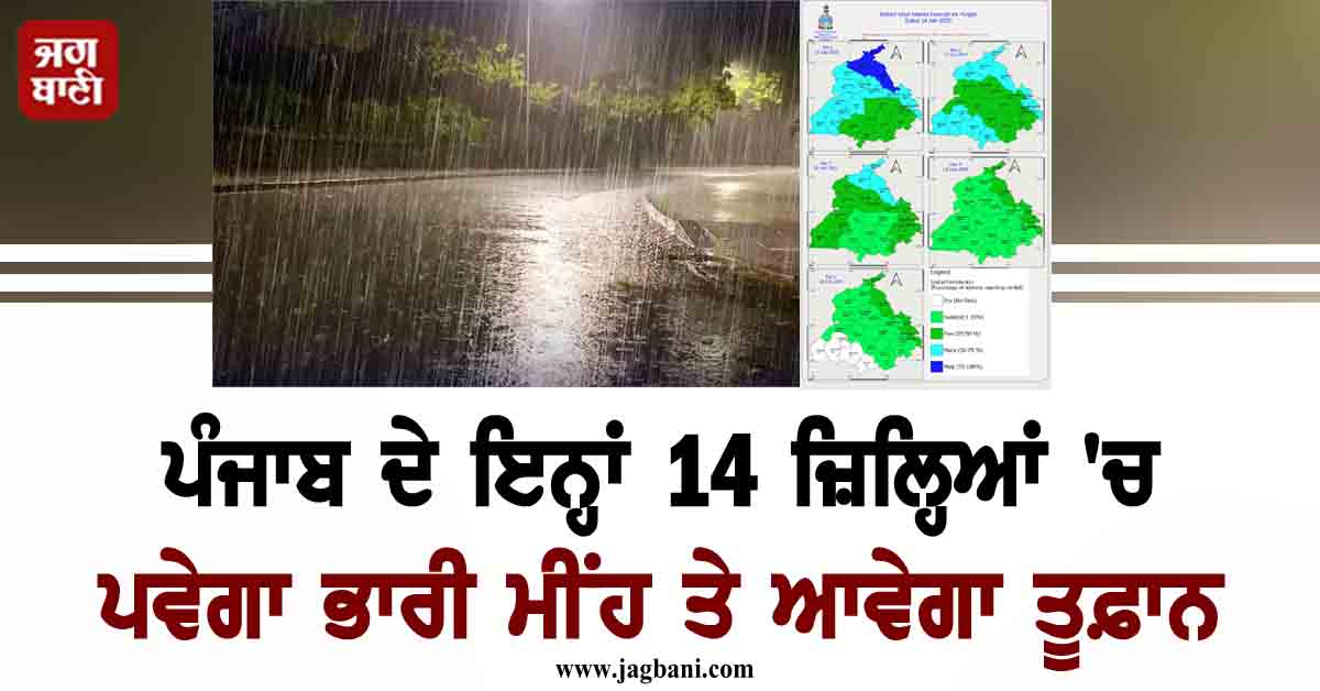 ਪੰਜਾਬ ਦੇ ਇਨ੍ਹਾਂ 14 ਜ਼ਿਲ੍ਹਿਆਂ 'ਚ ਪਵੇਗਾ ਭਾਰੀ ਮੀਂਹ ਤੇ ਆਵੇਗਾ ਤੂਫ਼ਾਨ, ਵਿਭਾਗ ਵੱਲੋਂ Alert ਜਾਰੀ