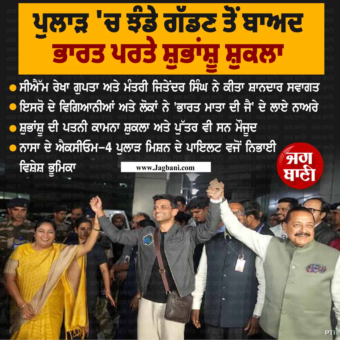 ਪੁਲਾੜ 'ਚ ਝੰਡੇ ਗੱਡਣ ਤੋਂ ਬਾਅਦ ਭਾਰਤ ਪਰਤੇ ਸ਼ੁਭਾਂਸ਼ੂ ਸ਼ੁਕਲਾ, ਦਿੱਲੀ ਹਵਾਈ ਅੱਡੇ 'ਤੇ ਹੋਇਆ ਸ਼ਾਨਦਾਰ ਸਵਾਗਤ