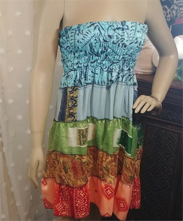young woman stylish look strapless mini dress
