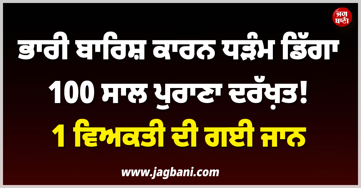 ਭਾਰੀ ਬਾਰਿਸ਼ ਕਾਰਨ ਧੜੰਮ ਡਿੱਗਾ 100 ਸਾਲ ਪੁਰਾਣਾ ਦਰੱਖ਼ਤ ! 1 ਵਿਅਕਤੀ ਦੀ ਗਈ ਜਾਨ, 1 ਹੋਰ ਜ਼ਖ਼ਮੀ