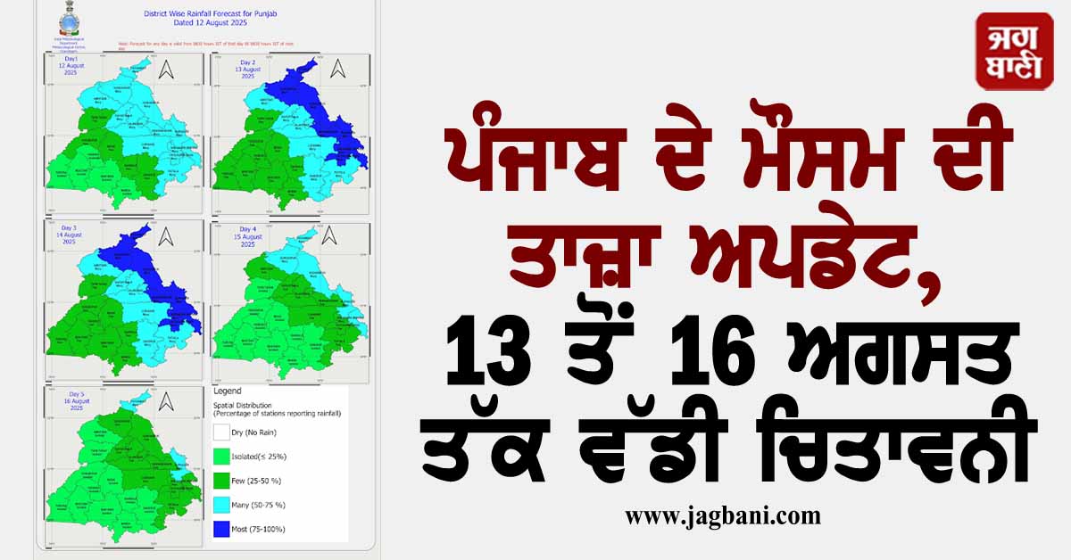 ਪੰਜਾਬ ਦੇ ਮੌਸਮ ਦੀ ਤਾਜ਼ਾ ਅਪਡੇਟ, 13 ਤੋਂ 16 ਅਗਸਤ ਤੱਕ ਵੱਡੀ ਚਿਤਾਵਨੀ