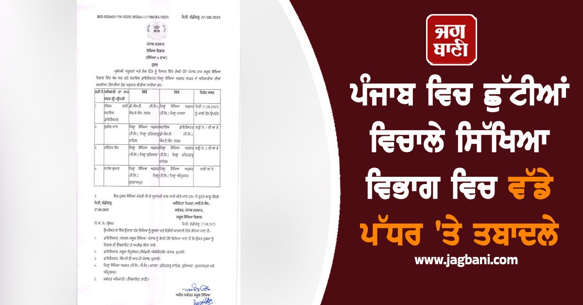 ਪੰਜਾਬ ਵਿਚ ਛੁੱਟੀਆਂ ਵਿਚਾਲੇ ਸਿੱਖਿਆ ਵਿਭਾਗ ਵਿਚ ਵੱਡੇ ਪੱਧਰ 'ਤੇ ਤਬਾਦਲੇ