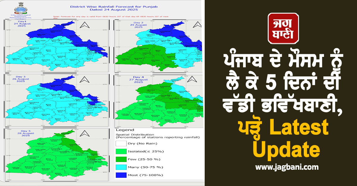 ਪੰਜਾਬ ਦੇ ਮੌਸਮ ਨੂੰ ਲੈ ਕੇ 5 ਦਿਨਾਂ ਦੀ ਵੱਡੀ ਭਵਿੱਖਬਾਣੀ, ਪੜ੍ਹੋ Latest Update