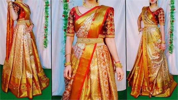 women  stylish look  draped style lehenga choli