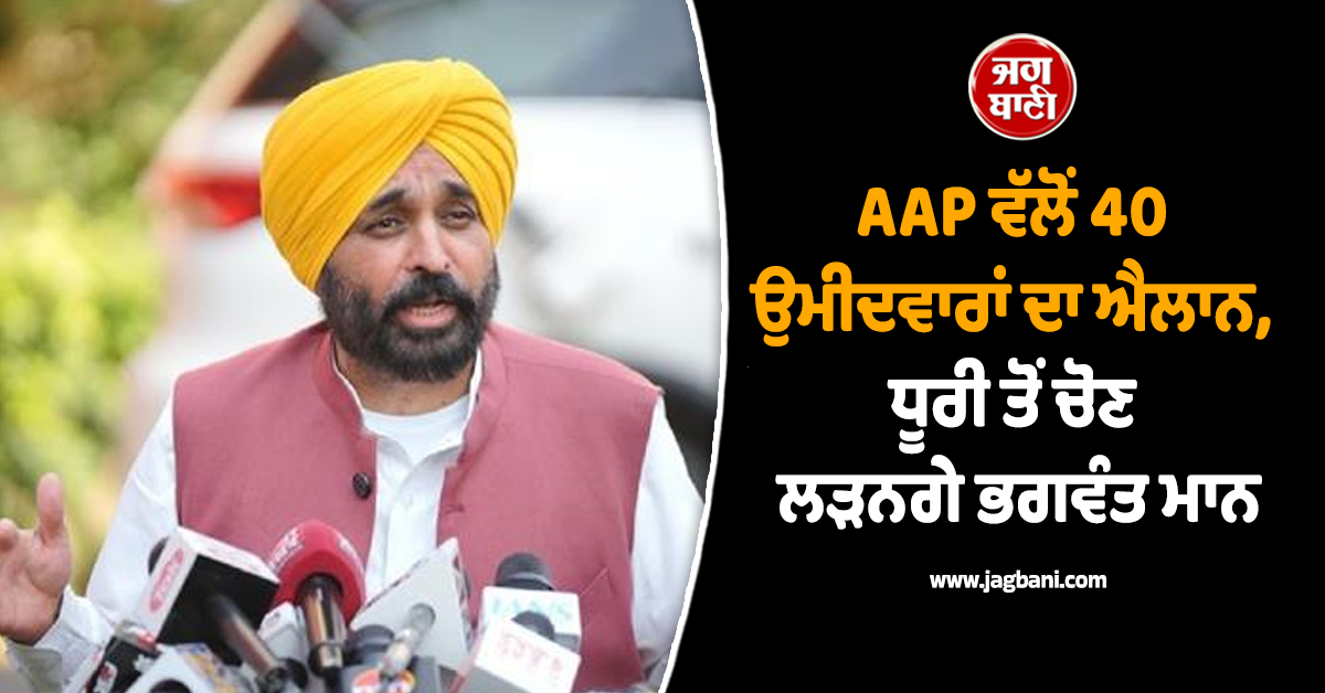 Big Breaking : AAP ਵੱਲੋਂ 40 ਉਮੀਦਵਾਰਾਂ ਦਾ ਐਲਾਨ, ਧੂਰੀ ਤੋਂ ਚੋਣ ਲੜਨਗੇ ਭਗਵੰਤ ਮਾਨ