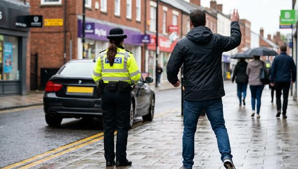 old man throwing a parking ticket at a female officer