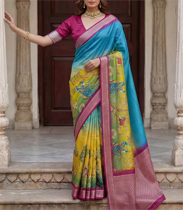 young women trendy look colorful saree