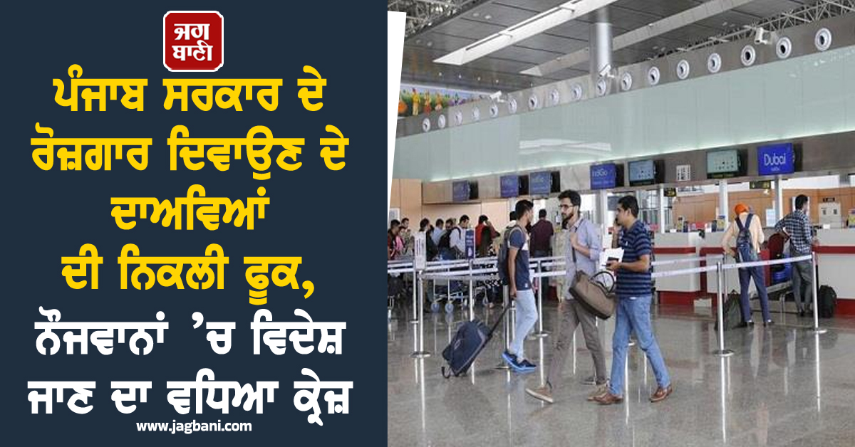 ਪੰਜਾਬ ਸਰਕਾਰ ਦੇ ਰੋਜ਼ਗਾਰ ਦਿਵਾਉਣ ਦੇ ਦਾਅਵਿਆਂ ਦੀ ਨਿਕਲੀ ਫੂਕ, ਨੌਜਵਾਨਾਂ ’ਚ ਵਿਦੇਸ਼ ਜਾਣ ਦਾ ਵਧਿਆ ਕ੍ਰੇਜ਼