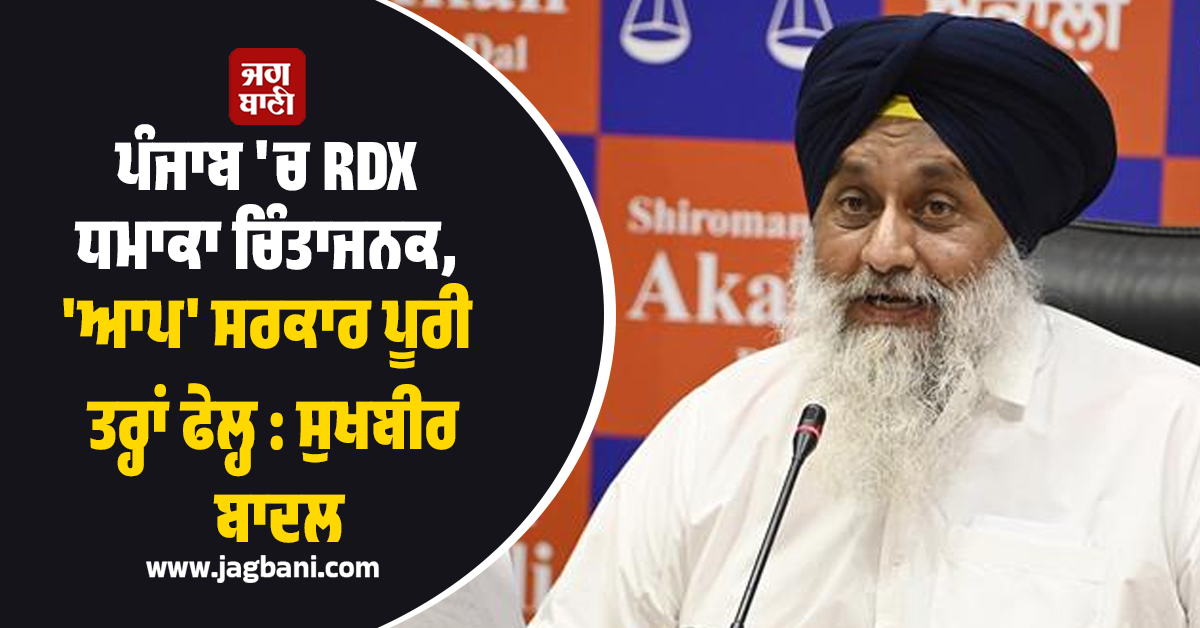 ਪੰਜਾਬ 'ਚ RDX ਧਮਾਕਾ ਚਿੰਤਾਜਨਕ, 'ਆਪ' ਸਰਕਾਰ ਪੂਰੀ ਤਰ੍ਹਾਂ ਫੇਲ੍ਹ : ਸੁਖਬੀਰ ਬਾਦਲ