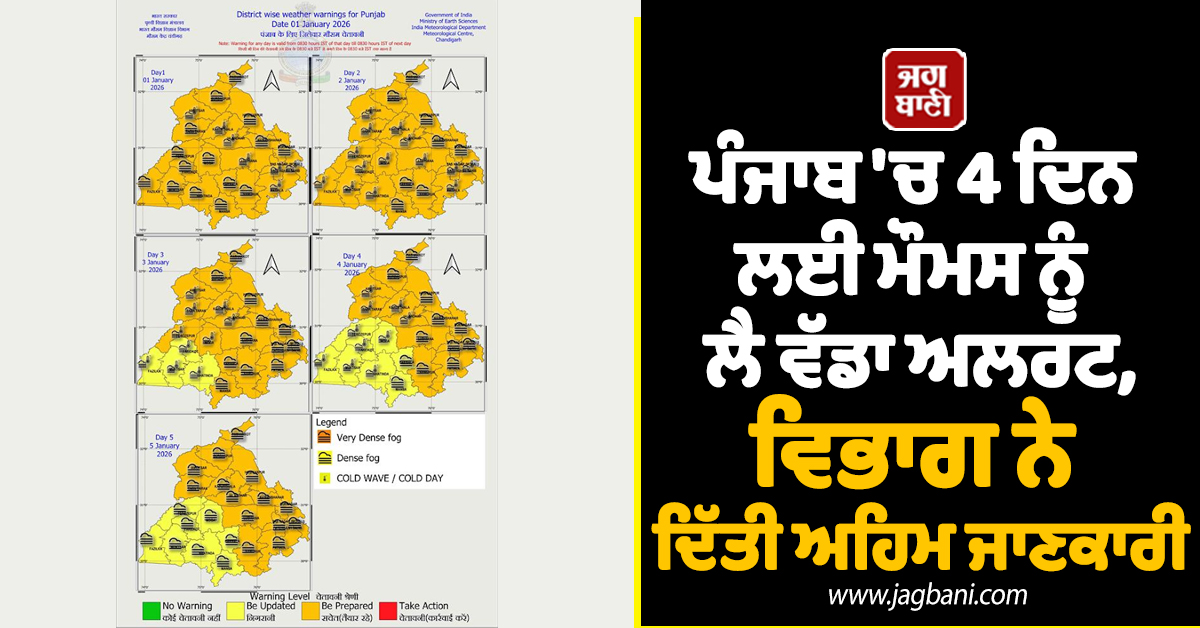 ਪੰਜਾਬ 'ਚ 4 ਦਿਨ ਲਈ ਮੌਮਸ ਨੂੰ ਲੈ ਵੱਡਾ ਅਲਰਟ, ਵਿਭਾਗ ਨੇ ਦਿੱਤੀ ਅਹਿਮ ਜਾਣਕਾਰੀ