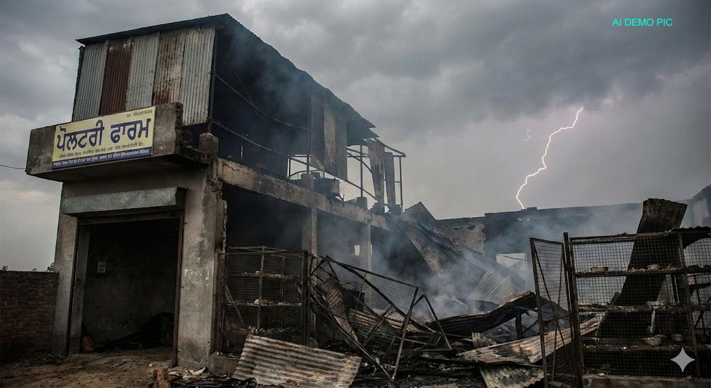 ਅਸਮਾਨੀ ਬਿਜਲੀ ਡਿੱਗਣ ਨਾਲ ਦੋ ਮੰਜ਼ਿਲਾ ਪੋਲਟਰੀ ਫਾਰਮ ਢਹਿ-ਢੇਰੀ, ਮਲਵੇ ਹੇਠ ਆਏ ਮਜ਼ਦੂਰ ਤੇ ਮੁਰਗੇ