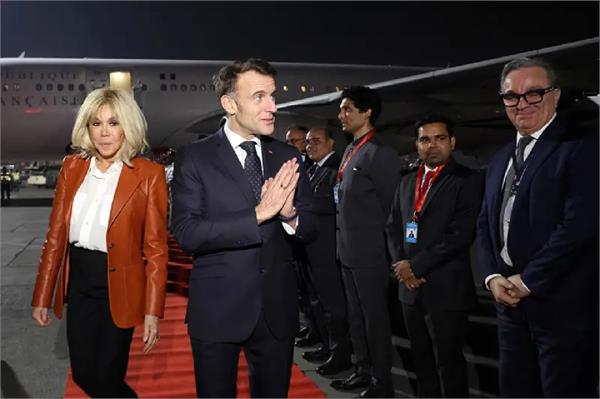 french president emmanuel macron arrives in mumbai