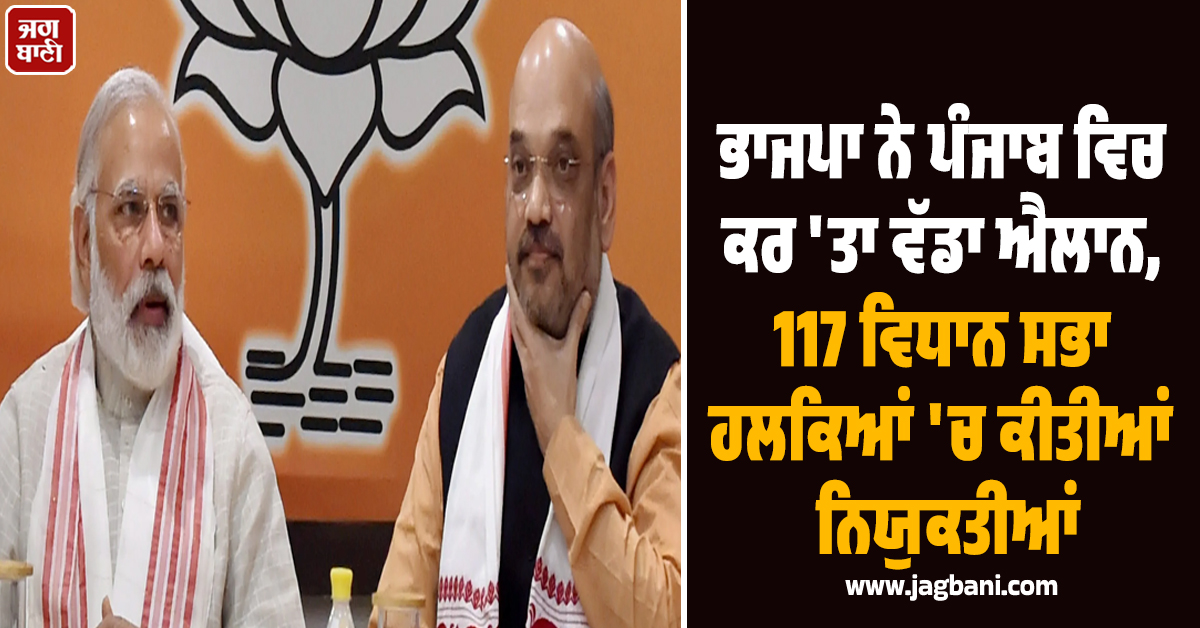 ਭਾਜਪਾ ਨੇ ਪੰਜਾਬ ਵਿਚ ਕਰ 'ਤਾ ਵੱਡਾ ਐਲਾਨ, 117 ਵਿਧਾਨ ਸਭਾ ਹਲਕਿਆਂ 'ਚ ਕੀਤੀਆਂ ਨਿਯੁਕਤੀਆਂ