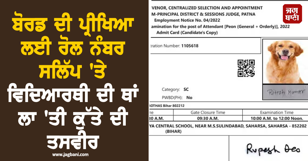 ਬੋਰਡ ਦੀ ਪ੍ਰੀਖਿਆ ਲਈ ਰੋਲ ਨੰਬਰ ਸਲਿੱਪ ''ਤੇ ਵਿਦਿਆਰਥੀ ਦੀ ਥਾਂ ਲਾ ''ਤੀ ਕੁੱਤੇ ਦੀ ਤਸਵੀਰ, ਭੱਖਿਆ ਮਾਮਲਾ