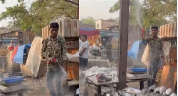 fishmonger sprays cockroach killing poison on fish