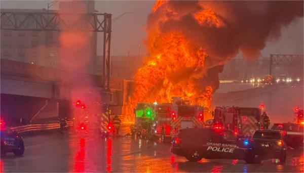 oil tanker catches fire in grand rapids