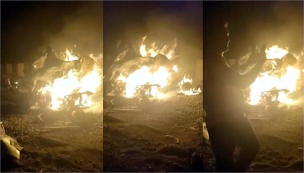 2 cars catch fire after truck collision