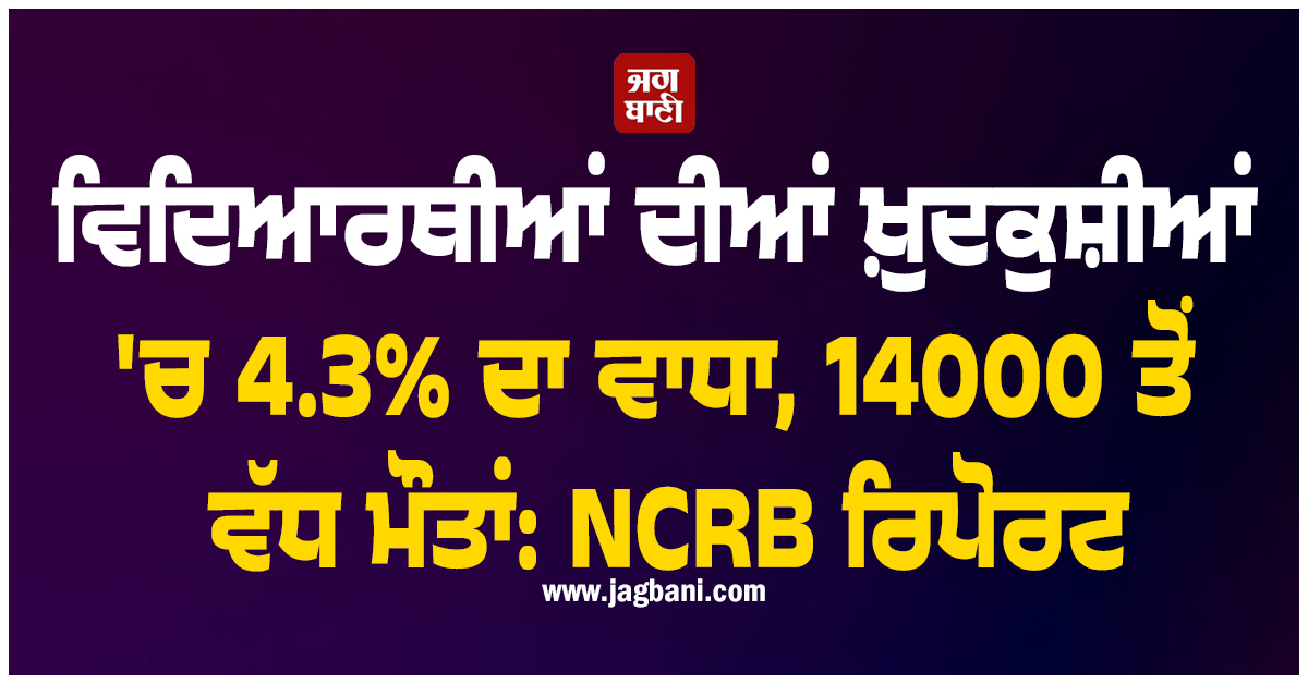 ਵਿਦਿਆਰਥੀਆਂ ਦੀਆਂ ਖ਼ੁਦਕੁਸ਼ੀਆਂ 'ਚ 4.3% ਦਾ ਵਾਧਾ, 14000 ਤੋਂ ਵੱਧ ਜਵਾਕਾਂ ਦੀ ਮੌਤ: NCRB ਰਿਪੋਰਟ