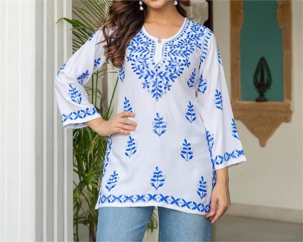 trendy look  chikankari short kurti  young women