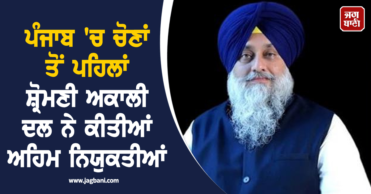 ਪੰਜਾਬ 'ਚ ਚੋਣਾਂ ਤੋਂ ਪਹਿਲਾਂ ਸ਼੍ਰੋਮਣੀ ਅਕਾਲੀ ਦਲ ਨੇ ਕੀਤੀਆਂ ਅਹਿਮ ਨਿਯੁਕਤੀਆਂ