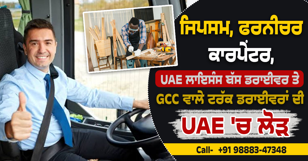 ਜਿਪਸਮ, ਫਰਨੀਚਰ ਕਾਰਪੇਂਟਰ, UAE ਲਾਇਸੰਸ ਬੱਸ ਡਰਾਈਵਰ ਤੇ GCC ਵਾਲੇ ਟਰੱਕ ਡਰਾਈਵਰਾਂ ਦੀ UAE 'ਚ ਲੋੜ