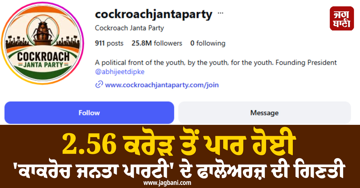 2.56 ਕਰੋੜ ਤੋਂ ਪਾਰ ਹੋਈ ''ਕਾਕਰੋਚ ਜਨਤਾ ਪਾਰਟੀ'' ਦੇ ਫਾਲੋਅਰਜ਼ ਦੀ ਗਿਣਤੀ, 3 ਦਿਨਾਂ ''ਚ ਜੁੜੇ 33 ਲੱਖ ਨਵੇਂ ਲੋਕ