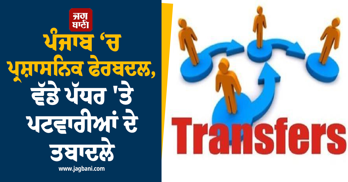 ਪੰਜਾਬ ‘ਚ ਪ੍ਰਸ਼ਾਸਨਿਕ ਫੇਰਬਦਲ, ਵੱਡੇ ਪੱਧਰ 'ਤੇ ਪਟਵਾਰੀਆਂ ਦੇ ਤਬਾਦਲੇ