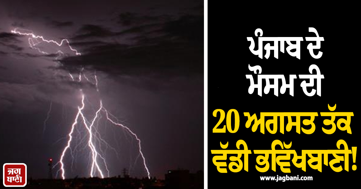 ਪੰਜਾਬ ਦੇ ਮੌਸਮ ਦੀ 20 ਅਗਸਤ ਤੱਕ ਵੱਡੀ ਭਵਿੱਖਬਾਣੀ! ਪਵੇਗਾ ਭਾਰੀ ਮੀਂਹ, ਇਨ੍ਹਾਂ ਜ਼ਿਲ੍ਹਿਆਂ ''ਚ  Alert