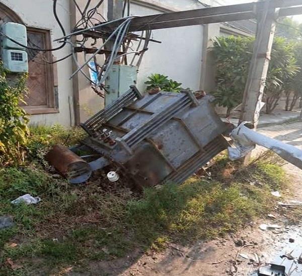 electricity transformer toppled after being hit by a speeding car